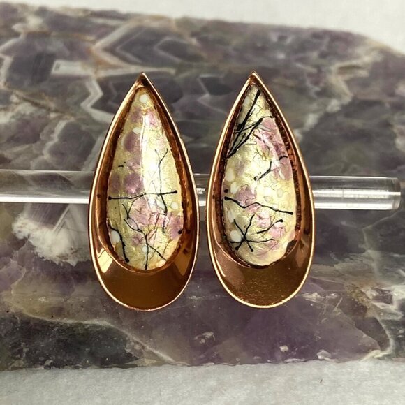 VTG Signed Renoir Matisse Copper Modernist Enamel Teardrop Clip On Earrings - Picture 7 of 16